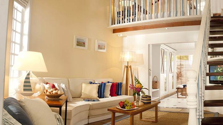 White Sofa Set And Side Stairs Closeup